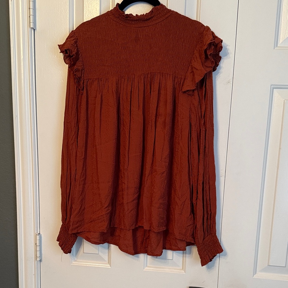 Knox Rose Rust Red Long Sleeve Ruffle Neck Blouse